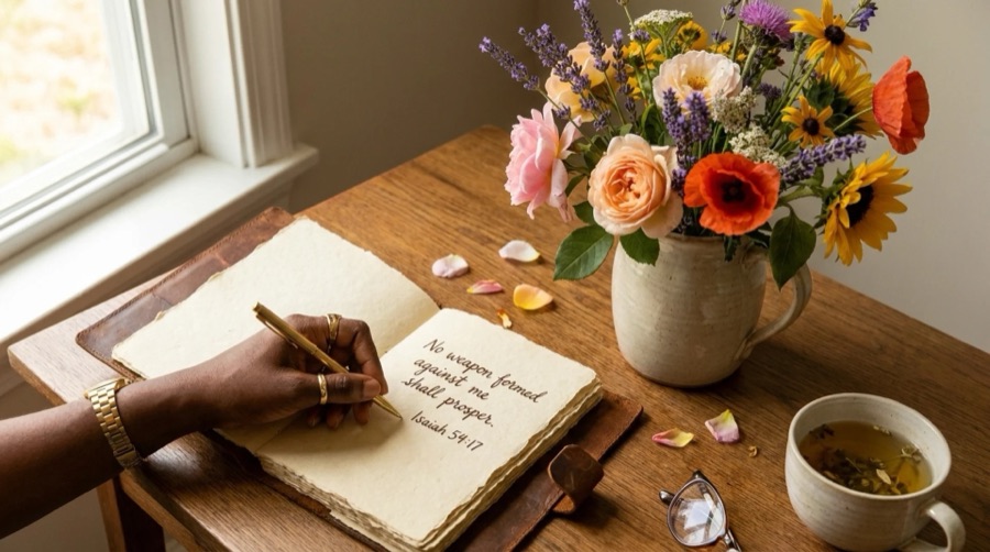 A hand writing in a journal beside flowers: No weapon formed against me shall prosper
