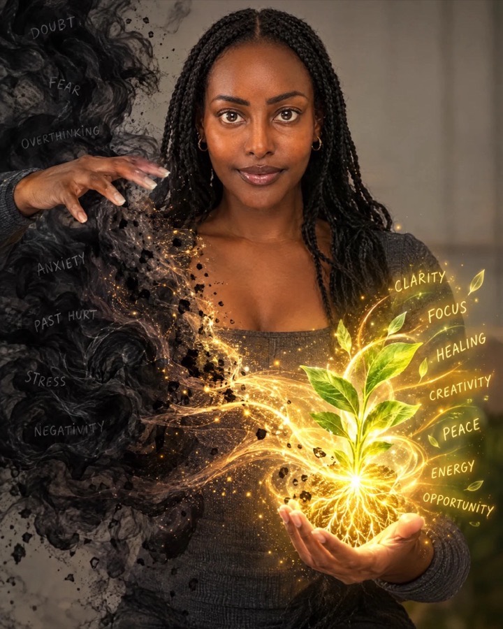 A woman holding a glowing plant in one hand while dark smoke marked fear, doubt and past hurt breaks apart in the other