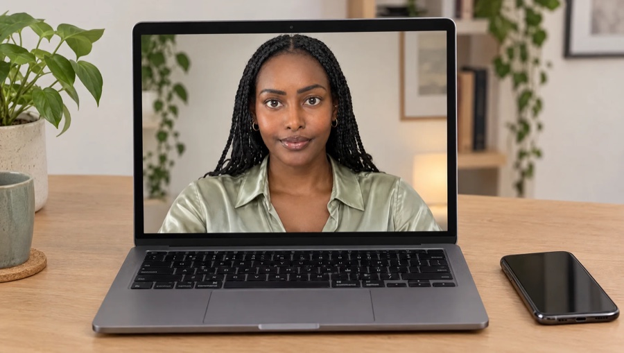 Sorrina Jolie De Noir on a laptop screen, recording the podcast